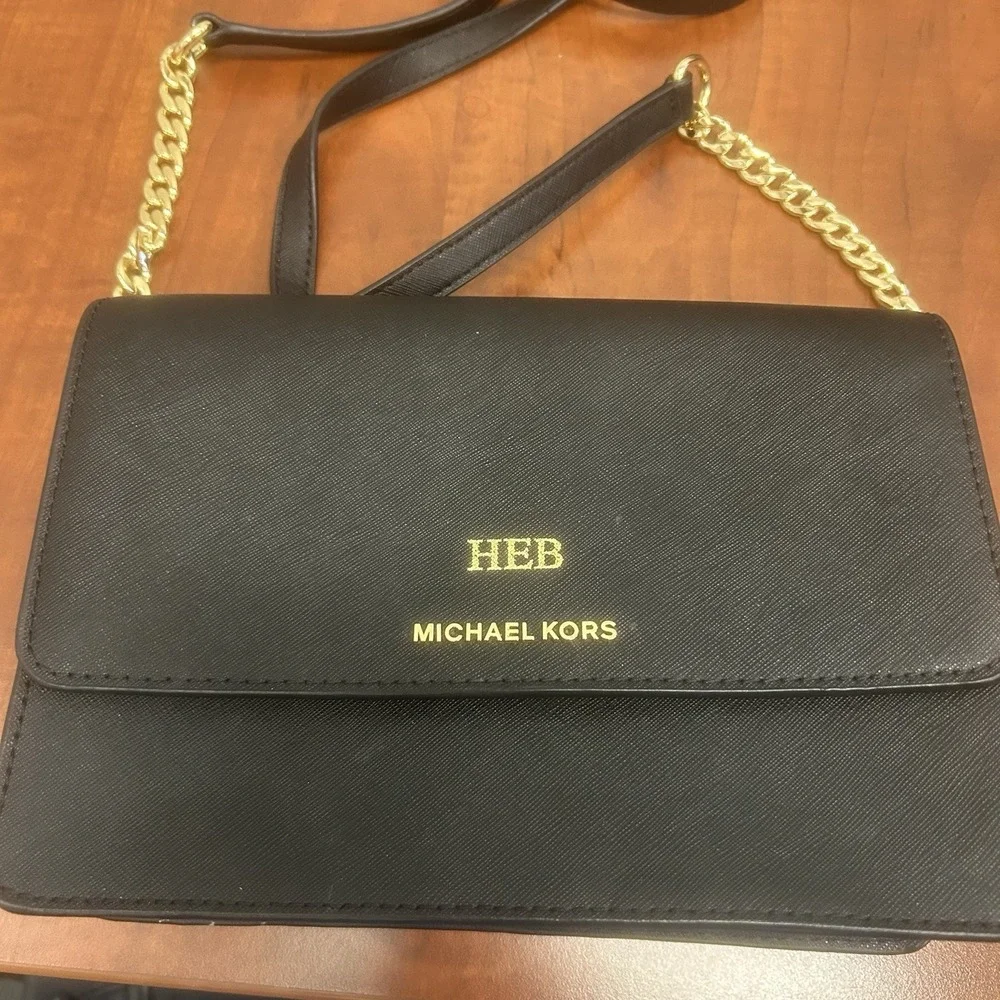 Michael Kors Daniela Crossbody Handbag Black Flap Saffiano Leather Chain INITIAL